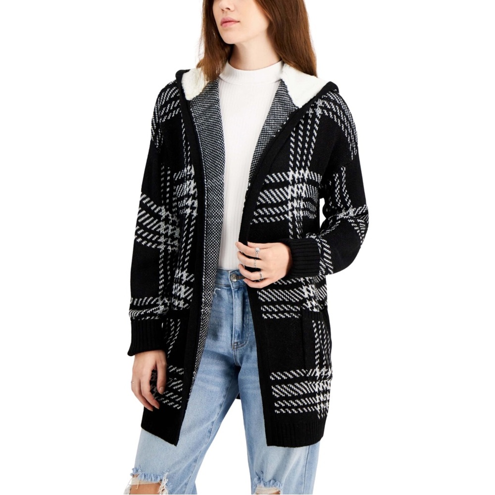 Crave Fame Black and White Plaid Hooded Fleece Acrylic Cardigan Size XL